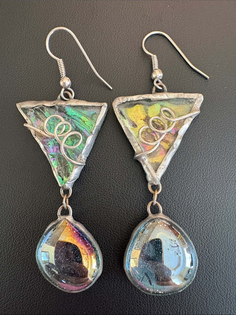Artisan Handmade Dichroic Glass Iridescent Stained Glass Dangle Earrings OOAK - Picture 6 of 9